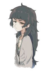Rule 34 | 1girl, black hair, breasts, closed mouth, commentary request, highres, hiyajou maho, kotoyama, long hair, looking at viewer, messy hair, simple background, small breasts, solo, steins;gate, white background