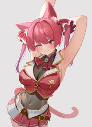 Rule 34 | 1girl, absurdres, animal ear fluff, animal ears, arm behind head, armpits, arms up, ascot, bare arms, black leotard, blush, breasts, cat ears, cat girl, cat tail, cleavage, closed mouth, cowboy shot, cropped jacket, hair between eyes, hair ribbon, highres, hololive, houshou marine, jacket, large breasts, leotard, long hair, one eye closed, pleated skirt, red ascot, red eyes, red jacket, red ribbon, red skirt, ribbon, ruiuncle, see-through, see-through cleavage, simple background, skirt, sleeveless, sleeveless jacket, solo, standing, tail, twintails, virtual youtuber