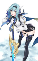 Rule 34 | 1girl, absurdres, black thighhighs, blue gloves, blue hair, boots, bow, breasts, cloak, eula (genshin impact), eyebrows hidden by hair, genshin impact, gloves, hair between eyes, hair ornament, hairband, highres, holding, holding sword, holding weapon, looking at viewer, open mouth, short hair, smile, solo, sword, takai isshiki, thigh boots, thighhighs, weapon, yellow eyes