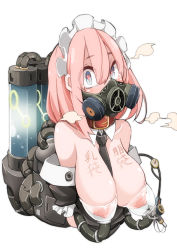 Rule 34 | 1girl, bad id, bad pixiv id, blue eyes, blush, breasts, collar, detached collar, gas mask, heart, heart-shaped pupils, large breasts, looking at viewer, maid, maid headdress, mask, milking machine, necktie, nipples, original, pink hair, sagging breasts, solo, symbol-shaped pupils, takagi (tansuke), tansuke, translation request
