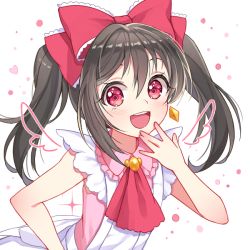 Rule 34 | 10s, 1girl, ascot, black hair, blush, bow, chobi (penguin paradise), finger to mouth, hair between eyes, hair bow, heart, korekara no someday, looking at viewer, love live!, love live! school idol project, open mouth, red eyes, short twintails, simple background, smile, solo, twintails, white background, wings, yazawa nico