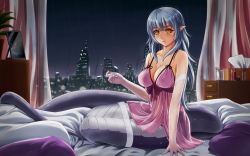 Rule 34 | 1girl, bare shoulders, bed, bed sheet, breasts, city, cleavage, cotton swab, elbow gloves, gloves, highres, lamia, large breasts, lingerie, long hair, looking at viewer, midnight (banyex), mimikaki, monster girl, monster girl encyclopedia, negligee, night, night sky, on bed, original, pillow, pointy ears, see-through, sitting, sky, smile, solo, tail, thighhighs, underwear, white gloves, window, yellow eyes