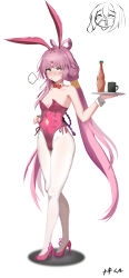Rule 34 | 2girls, absurdres, adjusting clothes, animal ears, breasts, clothing cutout, collarbone, commentary, cup, detached collar, drink, english commentary, fake animal ears, fake tail, fu xuan (honkai: star rail), full body, high heels, highres, holding, holding tray, honkai: star rail, honkai (series), juunun-kun, leotard, long hair, low twintails, multiple girls, navel, navel cutout, orange eyes, pantyhose, pink hair, playboy bunny, pout, rabbit ears, rabbit tail, signature, small breasts, stelle (honkai: star rail), tail, thighs, trailblazer (honkai: star rail), tray, twintails, very long hair, white pantyhose, wrist cuffs