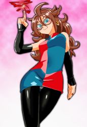 Rule 34 | 1girl, android, android 21, black-framed eyewear, black pantyhose, blue eyes, breasts, brown hair, checkered clothes, checkered dress, closed mouth, commentary request, curly hair, detached sleeves, dragon ball, dragon ball fighterz, dress, earrings, glasses, graphite (medium), hoop earrings, jewelry, long hair, looking at viewer, millipen (medium), nail polish, onnaski, pantyhose, sleeveless, sleeveless dress, smile, solo, traditional media