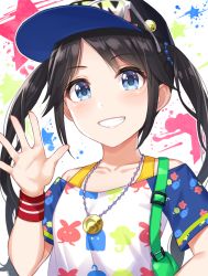 Rule 34 | 1girl, bad id, bad pixiv id, bag, baseball cap, black hair, black hat, blue eyes, blush, collarbone, hat, idolmaster, idolmaster shiny colors, jewelry, long hair, looking at viewer, mitsumine yuika, necklace, paint splatter, shirt, short sleeves, shoulder bag, sidelocks, sky, smile, solo, star (sky), starry sky, twintails, waving, white background, white shirt, wristband, yuuhi (ages)