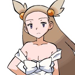 Rule 34 | 1girl, brown hair, closed mouth, collarbone, creatures (company), dress, female focus, flat chest, forehead, game freak, gomatarou (pixiv196136), gym leader, hair bobbles, hair ornament, half-closed eyes, hand on own hip, jaggy lines, jasmine (pokemon), long hair, looking at viewer, lowres, nintendo, nipple slip, nipples, off shoulder, pokemon, pokemon gsc, purple eyes, simple background, sleeveless, sleeveless dress, solo, upper body, wardrobe malfunction, white background, white dress