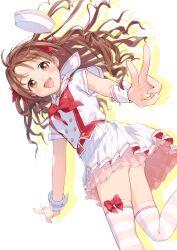 Rule 34 | 1girl, anchor necklace, blush, bow legwear, brown eyes, brown hair, commentary, double v, dress, earrings, feet out of frame, hair ribbon, hat, highres, idolmaster, idolmaster cinderella girls, jewelry, long hair, nanonin, necklace, open mouth, red ribbon, ribbon, sailor dress, sailor hat, shimamura uzuki, short sleeves, smile, solo, striped clothes, striped thighhighs, symbol-only commentary, thighhighs, v, white dress, white hat, wrist cuffs