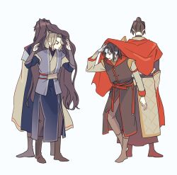 Rule 34 | 4boys, angry, belt, boots, brown eyes, brown footwear, brown hair, brown pants, cape, cape lift, chinese clothes, clenched teeth, closed mouth, commentary, feng xin, from behind, fu yao, full body, furrowed brow, hair bun, hair lift, hanfu, high ponytail, highres, long hair, long sleeves, looking at another, male focus, mu qing (tianguan cifu), multiple boys, nan feng, pants, red cape, red eyes, standing, symbol-only commentary, teeth, tianguan cifu, white background, wide sleeves, yuz46