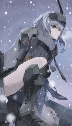 Rule 34 | 1girl, absurdres, armor, armored boots, boots, cloak, dog tags, goddess of victory: nikke, hair between eyes, highres, holding, holding weapon, long hair, looking ahead, mechanical arms, on one knee, pigu 56100, shoulder armor, single mechanical arm, snow white (nikke), snowing, solo, torn cloak, torn clothes, visor (armor), weapon, white cloak, white hair, yellow eyes