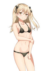 Rule 34 | 10s, 1girl, bare arms, bare shoulders, black hairband, black ribbon, blonde hair, blush, breasts, commentary, cowboy shot, girls und panzer, hair ribbon, hairband, hand on own arm, highres, long hair, looking at viewer, navel, one side up, ribbon, shimada arisu, simple background, small breasts, solo, standing, stomach, thighs, unscpro, white background, yellow eyes