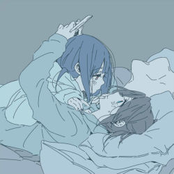 Rule 34 | bed, black hair, blue background, blue eyes, blue hair, blue theme, cellphone, face-to-face, hand on another&#039;s face, hibike! euphonium, holding, holding phone, hood, hoodie, kasaki nozomi, looking at another, lying, lying on person, monochrome, on back, phone, pillow, red eyes, ree (re-19), simple background, smartphone, yoroizuka mizore