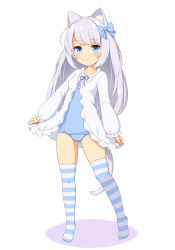 Rule 34 | 1girl, animal ears, blue bow, blue eyes, blue one-piece swimsuit, blue thighhighs, blush, bow, breasts, cat ears, cat tail, closed mouth, covered navel, full body, gluteal fold, grey hair, hair bow, jacket, long hair, long sleeves, looking at viewer, neck ribbon, one-piece swimsuit, original, purple ribbon, ribbon, sasaame, school swimsuit, simple background, small breasts, solo, standing, striped clothes, striped thighhighs, swimsuit, tail, thighhighs, white background, white jacket