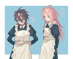 Rule 34 | ..., 2boys, alternate costume, apron, black dress, blue background, border, brown eyes, brown hair, closed eyes, closed mouth, collared dress, crossdressing, dress, enmaided, flying sweatdrops, frown, hatsutori hajime, isoi reiji, long hair, long sleeves, maid, maid apron, male focus, male maid, multiple boys, outline, parted bangs, pink hair, puffy sleeves, rumian75475, saibou shinkyoku, short hair, simple background, smile, spoken ellipsis, white apron, white border, white outline