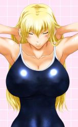 Rule 34 | 1girl, armpits, blonde hair, breasts, bursting breasts, cleavage, huge breasts, kamia (not found), matsuoka kiyone, original, shower, solo, swimsuit, tight clothes