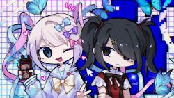 Rule 34 | 2girls, ame-chan (needy girl overdose), black eyes, black hair, black ribbon, blue bow, blue butterfly, blue eyes, blue hair, blue shirt, bow, bug, butterfly, chibi, chouzetsusaikawa tenshi-chan, closed mouth, collar, collared shirt, cursor, hair bow, hair ornament, hair over one eye, hair tie, hairclip, highres, holding, holding phone, insect, long hair, long sleeves, looking at another, looking at viewer, multicolored hair, multiple girls, neck ribbon, needy girl overdose, one eye closed, open mouth, phone, pink bow, pink hair, purple bow, quad tails, red shirt, ribbon, sailor collar, school uniform, serafuku, shirt, shirt tucked in, smile, suspenders, twintails, upper body, very long hair, white collar, x hair ornament, xiaogongzhu417, yellow bow