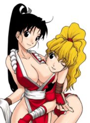 Rule 34 | 2girls, blush, breasts, capcom, cleavage, crossover, fatal fury, final fight, genryuusai maki, multiple girls, one eye closed, shiranui mai, smile, snk, street fighter, the king of fighters, wink