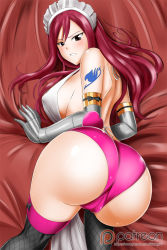 Rule 34 | 1girl, all fours, apron, ass, backless outfit, black eyes, black thighhighs, blush, breasts, cameltoe, cleft of venus, erza scarlet, fairy tail, fishnet thighhighs, fishnets, from behind, gauntlets, hair between eyes, highres, huge ass, kimmy77, large breasts, long hair, looking at viewer, maid headdress, nearly naked apron, panties, parted lips, patreon logo, pink panties, red hair, ribbon, shiny clothes, sideboob, solo, tattoo, thighhighs, underwear, very long hair, watermark, white apron, white ribbon