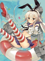 Rule 34 | 10s, 1girl, anchor, bad id, bad pixiv id, barrel, black panties, blonde hair, bullet, drum (container), elbow gloves, gloves, hair ornament, hairband, hayama eishi, heart, innertube, kantai collection, long hair, md5 mismatch, panties, personification, rensouhou-chan, revision, shimakaze (kancolle), socks, striped clothes, striped thighhighs, swim ring, thighhighs, underwear, white gloves