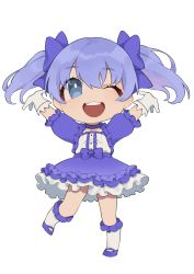 Rule 34 | 1girl, absurdres, arata (user jjxc7843), blue bow, blue dress, blue eyes, blue footwear, blue hair, bow, chibi, dress, gloves, hair bow, highres, nijisanji, one eye closed, open hands, open mouth, smile, solo, twintails, virtual youtuber, white background, white gloves, yuuki chihiro, yuuki chihiro (1st costume)