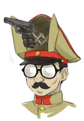 Rule 34 | 1boy, ebifly, facial hair, facing viewer, glasses, gun, hat, male focus, military, military hat, military uniform, motion lines, mustache, opaque glasses, original, peaked cap, portrait, real life, simple background, solo, uniform, weapon, white background