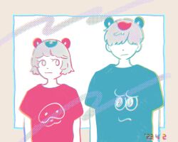 Rule 34 | 1boy, 1girl, :/, :3, alternate costume, animal ears, animal nose, anipoko, arms at sides, blue shirt, border, brother and sister, character print, chromatic aberration, closed mouth, commentary, covered eyes, dated, expressionless, grey border, grey hair, hair over eyes, halftone, highres, leaf, leaf on head, limited palette, looking at another, looking to the side, mode aim, momoco (momco04), outside border, peanuts-kun, pink shirt, ponpoko (vtuber), print shirt, raccoon boy, raccoon ears, raccoon girl, shirt, short hair, short sleeves, siblings, side-by-side, simple background, standing, symbol-only commentary, t-shirt, upper body, virtual youtuber