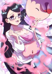 Rule 34 | 1girl, :d, black hair, blush, breasts, cleavage, commentary request, creatures (company), eyelashes, fennel (pokemon), game freak, gen 5 pokemon, glasses, grey eyes, hair ornament, hairclip, hands up, highres, lab coat, long hair, munna, musharna, nintendo, open mouth, pokemon, pokemon (creature), pokemon bw, semi-rimless eyewear, sheyona, smile, tongue