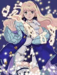 Rule 34 | 1girl, bare shoulders, black hairband, blonde hair, blue eyes, blunt bangs, bridal garter, closed mouth, commentary request, cowboy shot, earrings, floating hair, hairband, hand up, highres, jewelry, light particles, long hair, looking at viewer, macross, macross frontier, off shoulder, okanatasan, open hand, rabbit, sheryl nome, sidelocks, single earring, smile, solo, sparkle, thick eyebrows, twitter username, watermark, wavy hair