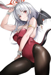 Rule 34 | 1girl, absurdres, alternate costume, animal ears, arm strap, bare shoulders, black pantyhose, black wings, blue archive, bow, braid, breasts, cleavage, commentary request, fake animal ears, grey hair, hair bow, halo, haruna (blue archive), highres, leotard, long hair, looking at viewer, medium breasts, pantyhose, pink bow, planb, playboy bunny, rabbit ears, red eyes, red halo, red leotard, simple background, single braid, single wing, solo, standing, tail, umber00, white background, wings