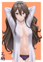 Rule 34 | 1girl, arms behind head, ashigara (kancolle), border, breasts, brown eyes, brown hair, cleavage, collarbone, commentary request, cowboy shot, dress shirt, hairband, highres, kantai collection, long hair, long sleeves, looking at viewer, medium breasts, no bra, orange background, panties, purple panties, shirt, solo, t2r, two-tone background, underwear, wavy hair, white border, white hairband, white shirt