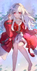 Rule 34 | 1girl, barefoot, clara (honkai: star rail), collarbone, commentary request, dress, feet out of frame, hair between eyes, hand up, highres, honkai: star rail, honkai (series), jacket, long sleeves, looking at viewer, open clothes, open jacket, red eyes, red jacket, shanshanziyu, signature, smile, solo, thigh strap, white dress, white hair, wide sleeves