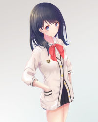 Rule 34 | 10s, 1girl, absurdres, black hair, blue eyes, blush, bow, bowtie, cardigan, cowboy shot, flat chest, from above, frown, gradient background, gridman universe, hands in pockets, highres, keis (locrian1357), looking at viewer, looking to the side, miniskirt, revision, school uniform, skirt, solo, ssss.gridman, takarada rikka