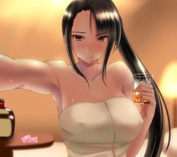 Rule 34 | 10s, 1girl, alcohol, asymmetrical bangs, black hair, blurry, blush, bottle, breasts, brown eyes, collarbone, condom, condom wrapper, covered erect nipples, depth of field, drink, frown, glass, holding, ice, ice cube, indoors, kantai collection, kuurunaitsu, lamp, large breasts, long hair, looking at viewer, nachi (kancolle), naked towel, outstretched arm, reaching, reaching towards viewer, selfie, side ponytail, sidelocks, solo, table, towel, upper body
