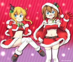 Rule 34 | 2girls, :d, :o, ahoge, ankle boots, azur lane, bell, belt, belt buckle, black footwear, blonde hair, blue eyes, blush, boots, braid, breasts, brown belt, brown hair, buckle, buttons, choker, christmas, clothes lift, detached sleeves, eromame, eyebrows, facing another, facing viewer, french braid, fur trim, gloves, gradient background, green choker, hair between eyes, hair bun, hair ornament, hat, jingle bell, knees together feet apart, leaf, legs apart, long sleeves, looking at viewer, looking away, looking to the side, medium breasts, midriff, miniskirt, multiple girls, navel, neck bell, open mouth, over-kneehighs, purple background, red background, red gloves, red skirt, renown (azur lane), repulse (azur lane), santa costume, santa hat, short hair, short hair with long locks, sidelocks, single hair bun, skirt, skirt lift, smile, standing, stomach, strapless, striped, striped background, thighhighs, tongue, tube top, twitter username, white legwear, wind, wind lift, zettai ryouiki