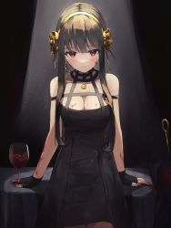 Rule 34 | 1girl, absurdres, bare shoulders, black background, black choker, black dress, black gloves, blood, blood on face, breasts, brown hair, choker, cleavage, cowboy shot, dress, earrings, fingerless gloves, flower, gloves, hair flower, hair ornament, hairband, highres, jewelry, keikei 927, leaning back, looking at viewer, medium breasts, nail polish, red eyes, red nails, short dress, short hair with long locks, sidelocks, sleeveless, sleeveless dress, solo, spy x family, standing, waist cape, yellow flower, yellow hairband, yor briar
