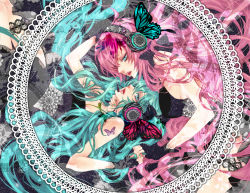 Rule 34 | 2girls, aqua eyes, aqua hair, aqua nails, bug, butterfly, butterfly hair ornament, butterfly wings, fingerless gloves, gloves, hair ornament, hatsune miku, headphones, headset, holding hands, insect, insect wings, lace, lee sun young, long hair, magnet (vocaloid), megurine luka, multiple girls, nail polish, pink hair, tattoo, twintails, very long hair, vocaloid, wings, yuri