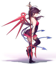 Rule 34 | 1girl, adapted costume, ainy, animal, arched back, arm at side, arm up, asymmetrical wings, bad id, bad pixiv id, bare shoulders, black hair, black thighhighs, breasts, closed mouth, dress, eyelashes, floating hair, frilled dress, frills, from side, full body, garter straps, halterneck, holding, holding weapon, houjuu nue, long hair, medium breasts, no shoes, polearm, red eyes, shadow, short dress, signature, snake, solo, standing, standing on one leg, swept bangs, thighhighs, touhou, trident, weapon, white background, wings, zettai ryouiki