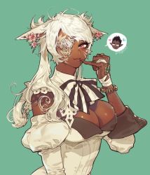 Rule 34 | 1girl, :t, animal ears, warrior of light (ff14), blush, bow, bowtie, breasts, brooch, chibi, chibi inset, cleavage, dark-skinned female, dark-skinned male, dark skin, detached sleeves, earrings, ears down, elezen, elf, eyepatch, final fantasy, final fantasy xiv, flower earrings, green background, hand up, heart, highres, jewelry, juliet sleeves, large breasts, long hair, long sleeves, looking at viewer, miqo&#039;te, one eye covered, pigeon666, pinky out, pointy ears, ponytail, puffy sleeves, red eyes, simple background, slit pupils, smile, solo, spoken character, spoken heart, upper body, white hair