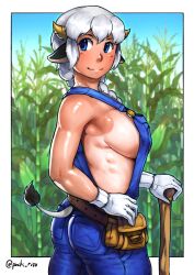 Rule 34 | 1girl, animal ears, ass, blue eyes, blue overalls, blush, border, braid, braided ponytail, breasts, closed mouth, commentary, corn field, cow ears, cow girl, cow horns, cowboy shot, english commentary, gloves, highres, horns, large breasts, long hair, looking to the side, medium bangs, naked overalls, nandi (puchirisu), original, outside border, overalls, puchi risu, puchirisu, sideboob, smile, solo, tan, tanline, twitter username, white border, white gloves, white hair, yellow horns