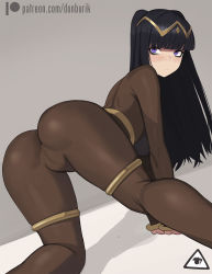 Rule 34 | 1girl, all fours, ass, black hair, blunt bangs, blush, bodystocking, bodysuit, brown bodysuit, cameltoe, cleft of venus, closed mouth, donburi (donburikazoku), fire emblem, fire emblem awakening, from behind, hair ornament, highres, long hair, looking at viewer, looking back, nintendo, partially visible vulva, patreon username, purple eyes, cameltoe, solo, tharja (fire emblem), thighlet, thighs