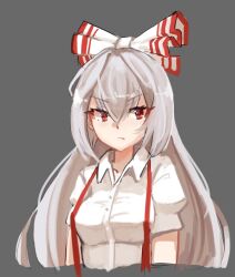 Rule 34 | 1girl, :/, bow, buttons, collared shirt, fujiwara no mokou, grey background, hair bow, hime cut, layru, long hair, looking at viewer, looking to the side, puffy short sleeves, puffy sleeves, red eyes, shirt, short sleeves, sidelocks, simple background, solo, suspenders, touhou, v-shaped eyebrows, very long hair, white bow, white hair, white shirt