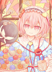 Rule 34 | 1girl, absurdres, black hairband, black headwear, closed mouth, clothes hanger, commentary request, flower, frilled hairband, frills, hairband, heart, highres, komeiji satori, looking at viewer, pink eyes, pink hair, ro.ro, rose, short hair, solo, stained glass, touhou, upper body, watering can