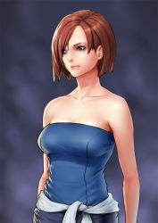 Rule 34 | 1girl, bad id, bad pixiv id, bare shoulders, blue eyes, breasts, brown hair, collarbone, delta zone, jill valentine, lips, resident evil, resident evil 3, resident evil 3: nemesis, shirt, short hair, skirt, solo, tied shirt
