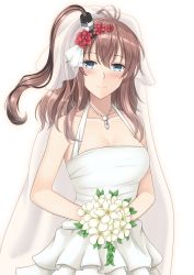 Rule 34 | 1girl, bad id, bad pixiv id, blue eyes, blush, bouquet, breasts, bridal veil, brown hair, cleavage, closed mouth, collarbone, dress, flower, hair flower, hair ornament, highres, holding, holding bouquet, jewelry, kantai collection, large breasts, light smile, long hair, looking at viewer, necklace, one side up, ponytail, saratoga (kancolle), simple background, smile, solo, upper body, veil, wedding dress, white background, white dress, yamato (083)