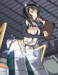 Rule 34 | 00s, 1girl, animal ears, bad id, bad pixiv id, black hair, blush, clipboard, dog ears, elbow gloves, gloves, kuroe ayaka, ningen (ningen96), ningen (ningen (96), one eye closed, panties, pencil, solo, strike witches, strike witches zero, striker unit, tail, underwear, wink, wooden pencil, world witches series