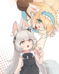 Rule 34 | 2girls, animal ear fluff, animal ears, aqua hairband, aqua skirt, arknights, bag, baigao, black bow, black dress, blonde hair, borrowed character, bow, brown bag, brown eyes, cardigan, cat hair ornament, chinese commentary, commentary request, dress, dress bow, feifei (shiofeifei), fox ears, fox girl, fox tail, frilled hairband, frills, green eyes, grey hair, hair ornament, hair scrunchie, hairband, highres, kitsune, kyuubi, long hair, long sleeves, multiple girls, multiple tails, neck ribbon, official alternate costume, open mouth, original, puffy long sleeves, puffy sleeves, red ribbon, ribbon, round bag, scrunchie, shoulder bag, skirt, sleeveless, sleeveless dress, suzuran (arknights), suzuran (spring praise) (arknights), tail, thick eyebrows, yellow cardigan