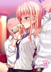 Rule 34 | 1girl, 2boys, 40010prototype, beer can, between breasts, blonde hair, blurry, blurry background, blurry foreground, blush, bra, breasts, can, cover, cover page, drink can, ear piercing, earrings, faceless, faceless male, full-face blush, highres, jewelry, long hair, medium breasts, multiple boys, necktie, necktie between breasts, nipple slip, nipples, original, piercing, pleated skirt, profile, red eyes, school uniform, shirt, sitting, skirt, underwear, white shirt