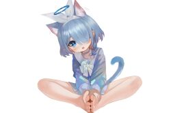Rule 34 | 1girl, animal ears, arona (blue archive), barefoot, blue archive, blue eyes, blue hair, blue halo, blush, cat ears, cat tail, choker, collarbone, dokomon, hair over one eye, hairband, halo, highres, korean commentary, long sleeves, looking at viewer, open mouth, school uniform, short hair, simple background, skirt, solo, tail, toes, white background, white choker, white hairband, white skirt