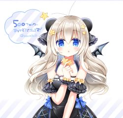 Rule 34 | 1girl, :o, animal ears, bear ears, black dress, blue bow, blue eyes, blush, bow, breasts, collarbone, commentary request, demon wings, diagonal stripes, dress, grey wings, hair between eyes, hair ornament, holding, holding star, light brown hair, long hair, looking at viewer, original, parted lips, shikito (yawa0w0), sleeveless, sleeveless dress, small breasts, solo, star (symbol), star hair ornament, striped, striped background, translation request, twitter username, upper body, very long hair, white background, wings, wrist cuffs