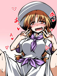 Rule 34 | 1girl, ahegao, blonde hair, blush, breasts, double v, dress, heart, hemogurobin a1c, large breasts, long hair, louise (touhou), neckerchief, open mouth, red eyes, saliva, sash, short sleeves, solo, spread legs, sweat, tears, torogao, touhou, touhou (pc-98), v, very long hair, white dress