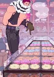 Rule 34 | 3girls, 4boys, abs, arm tattoo, bare pectorals, belt, black jacket, black pants, bracelet, brown gloves, cake, charlotte katakuri, chest tattoo, commentary, cropped jacket, doughnut, drooling, food, glass, glasses, gloves, highres, jacket, jewelry, leaf, male focus, maren (mewtides), mewiyev, multiple boys, multiple girls, muscular, muscular male, nipples, one piece, open clothes, open jacket, original, pants, pectorals, purple hair, scarf, scarf over mouth, short hair, sign, sleeveless, sleeveless jacket, smile, spiked bracelet, spikes, stitches, stomach tattoo, tall, tattoo, thought bubble, topless male